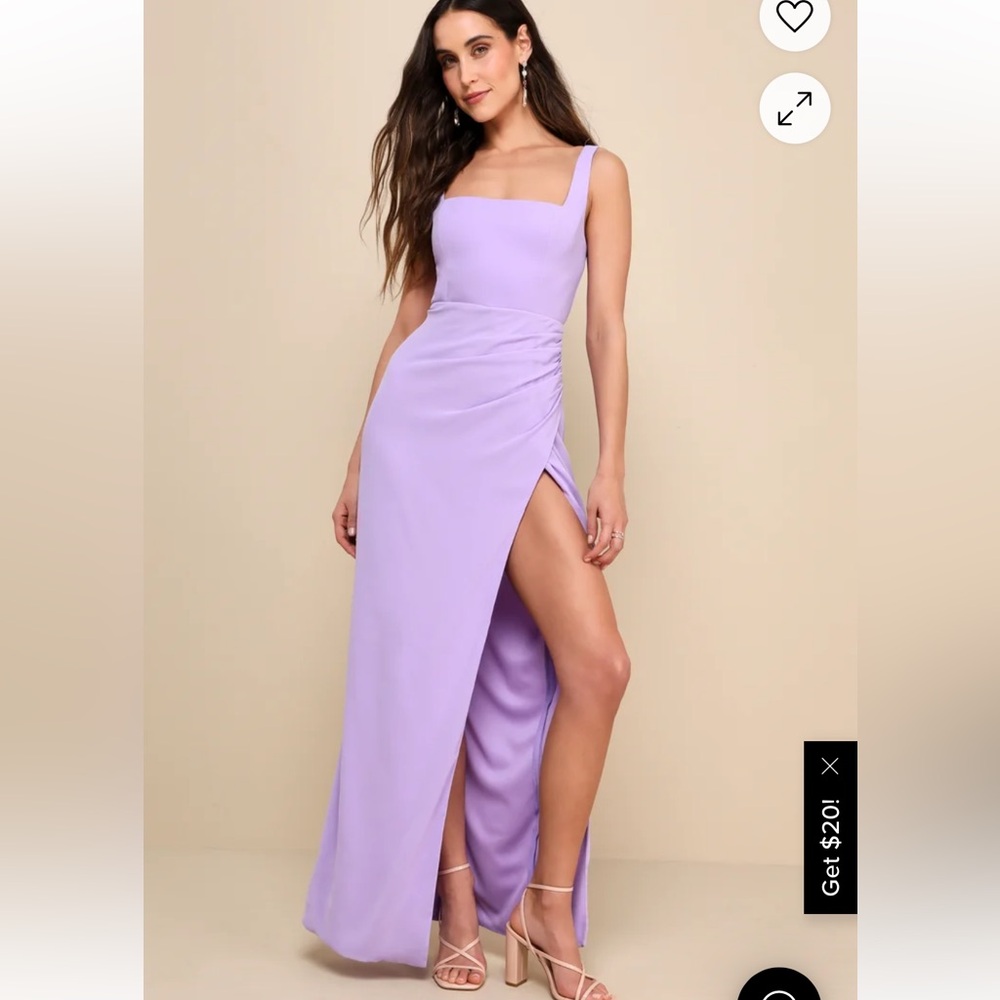 Lilia lavender square neck gown. Perfect bridesmaid or wedding guest dress.